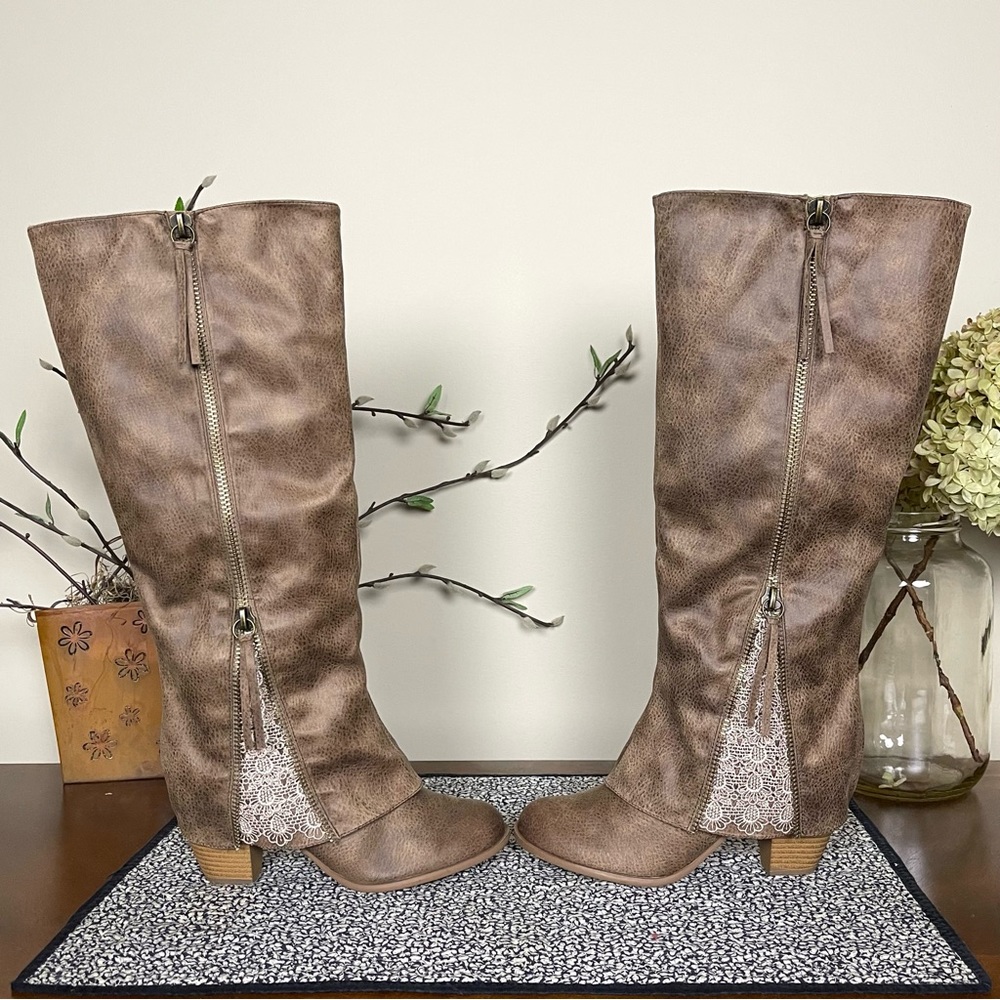 Not Rated Sassy Classy Zipper Lace Inset Distressed Faux Leather Knee-High Boots - Picture 6 of 16